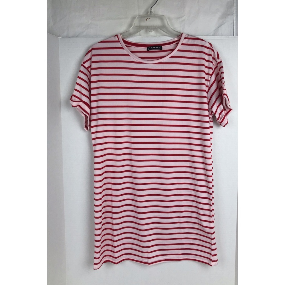 SHEIN Red White Striped Cuff Sleeves Tee